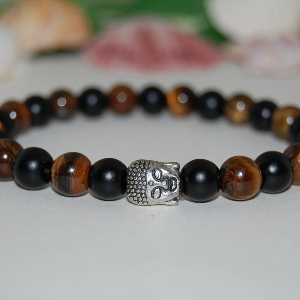 Buddha Bracelet,Tiger Eye Bracelet,Onyx and Tiger Beads,8mm